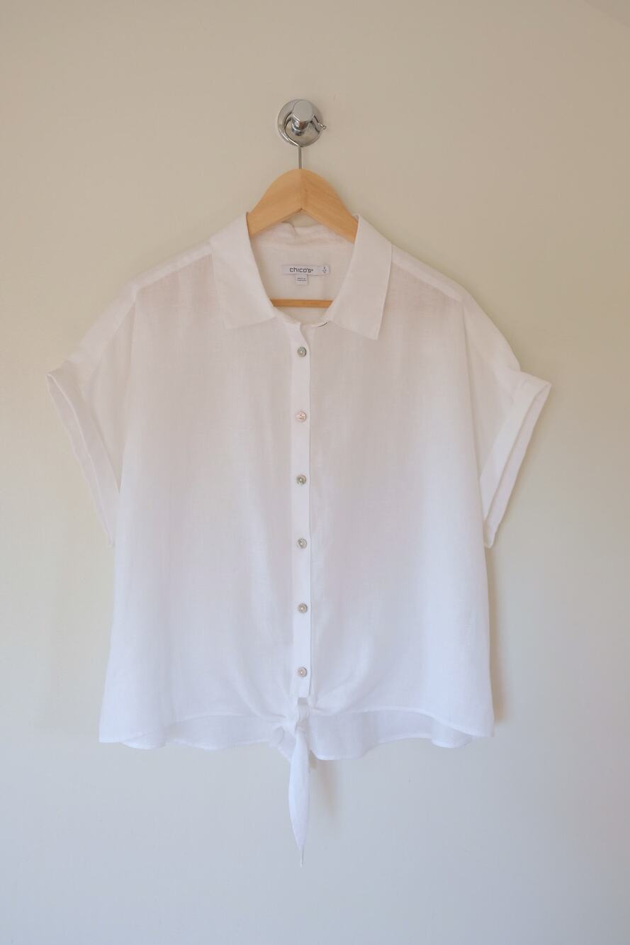 Chico's White 100% Linen Top Size 2 Button Up Short Sleeve Vacation Cottagecore